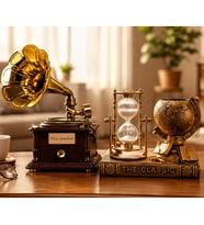 Kişiye Özel Vintage Dekoratif Gramofon, Dünya Küresi ve Kum Saati Seti – Retro Masaüstü Dekorasyon A