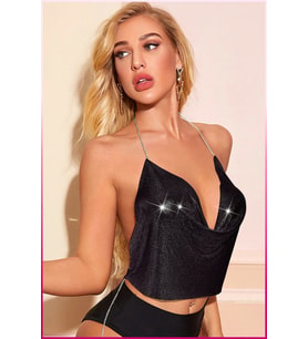 Kristal Siyah Taşlı Parlak Crop & Bluz Kolsuz Kayık Yaka Parti Plaj Büstiyer
