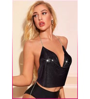 Kristal Siyah Taşlı Parlak Crop & Bluz Kolsuz Kayık Yaka Parti Plaj Büstiyer