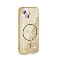 iPhone 15 Plus Kılıf Magsafe Şarj Özellikli Parlayan Simli Okso Kapak (Gold)