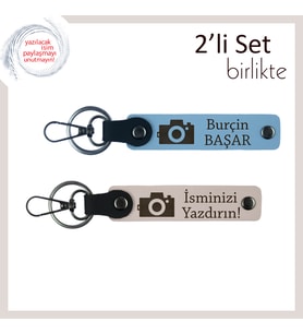 Objektifin Ardındaki Sevgine, Fotoğraf Makinesi Temalı Kişiye Özel Anahtarlık Seti, Gök Mavi-Pudra