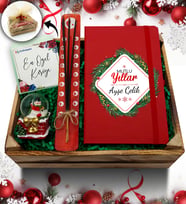 Kasa İçerisinde Kişiye Özel Kırmızı Defter & Kar Küresi & Çubuk Tütsü Hediye Seti