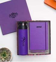 Kişiye Özel Cam Suluk, Defter Kalem Hediye Seti - Mor Premium Hediye Seti