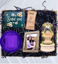 Kişiye Özel Fotoğraflı Set / Renkli Türk Kahvesi Fincanı ve Işıklı Melekli Fanus HA4 (Mor)