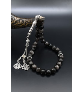 Doğal Obsidyen Taşlı 33'lük Tesbih Metal Püsküllü 10mm Küre Kesim 902513