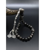 Doğal Obsidyen Taşlı 33'lük Tesbih Metal Püsküllü 10mm Küre Kesim 902513