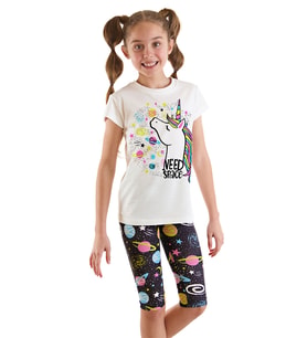 Uzayda Unicorn Kız Çocuk T-Shirt Tayt Takım (Siyah - Beyaz)