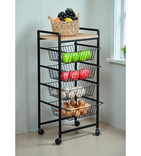 DEKORATİF TEKERLEKLİ METAL SEBZELİK 4 TEL SEPETLİ ÇAM AHŞAP RAFLI ÇOK AMAÇLI STAND (Siyah)