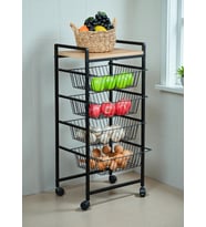 DEKORATİF TEKERLEKLİ METAL SEBZELİK 4 TEL SEPETLİ ÇAM AHŞAP RAFLI ÇOK AMAÇLI STAND (Siyah)