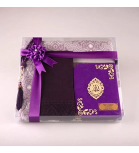 Şal + Seccade + Tesbih + Yasin Hediye Seti (Çanta Boy, Şems Lafzatullah, Raşel Cilt, Mor)