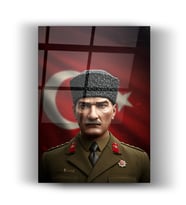 Atatürk ve Türk Bayrağı Cam Tablo 4mm Dayanıklı Temperli Hediyelik Büyük Tablo Duvar Dekorasyonu  Ofis Tablosu (Kırmızı)