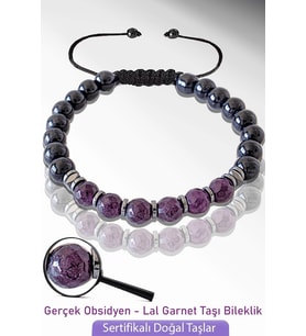 Sertifikalı Doğal Obsidyen - Lal Garnet Granat Taşı Bileklik - Ayarlamalı