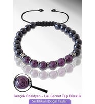 Sertifikalı Doğal Obsidyen - Lal Garnet Granat Taşı Bileklik - Ayarlamalı (Çok Renkli)