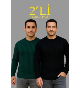 Erkek Fitilli Triko Kazak 2’li Set Siyah Haki Kalın Dokuma Pamuklu Regular Fit Bisiklet