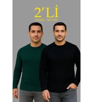Erkek Fitilli Triko Kazak 2’li Set Siyah Haki Kalın Dokuma Pamuklu Regular Fit Bisiklet