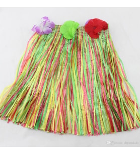 Yetişkin ve Çocuk Uyumlu Rengarenk Püsküllü Hawaii Luau Hula Etek 40 cm