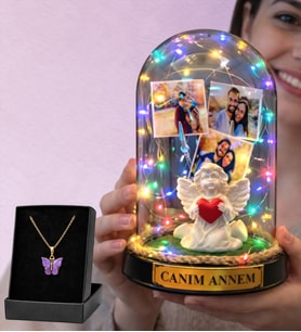 Anneler Günü Hediyesi Fotoğraflı Renkli Işıklı Melek Annem Fanus ve Kelebek Kolye