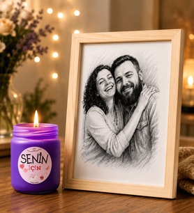 Karakalem Fotoğraflı Ahşap Çerçeve ve Kokulu Mum Kişiye Özel Dekoratif Hediye Seti