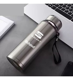 1 Litre Paslanmaz Çelik Araç Baskılı Termos 12 Saat Sıcak Soğuk Tutma  Dayanıklı Yapı (Gümüş)