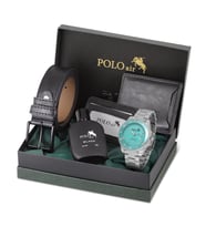 Polo Air Mercek Takvimli Erkek Kol Saati Cüzdan Kemer Kartlık Parfüm Kombin Gümüş Turkuaz Renk PL-0989E5 (Mavi-Gümüş)