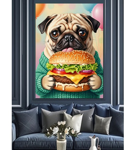 Hamburger Yiyen Sevimli Pug Köpeği Dekoratif Kanvas - Mdf Ahşap Tablo