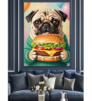 Hamburger Yiyen Sevimli Pug Köpeği Dekoratif Kanvas - Mdf Ahşap Tablo