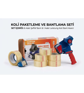 ŞeyliŞeyler - Koli Bandı Seti 6 Adet 45 mm x 100 m Hotmelt Şeffaf Koli Bandı ve 1 Adet Koli Bant Kesme Makinesi Seti