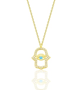 Gümüş altın yaldızlı turkuaz ve zirkon taşlı koruyucu hamsa el kolye SGTL12669GOLD