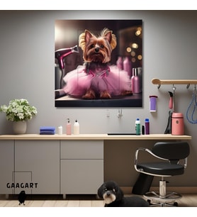 Tekli Kare Kanvas Pet Kuaför Pembe Tütülü Yorkshire Köpek