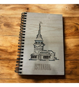 İstanbul Kız Kulesi baskılı ahşap kapak organik not hatıra defteri (Krem)