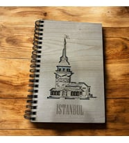 İstanbul Kız Kulesi baskılı ahşap kapak organik not hatıra defteri (Krem)