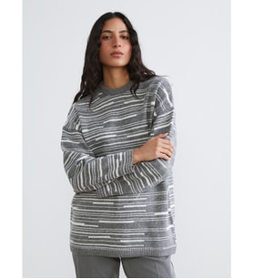 LCW Modest Gri Bisiklet Yaka Çizgili Oversize Kadın Triko Kazak