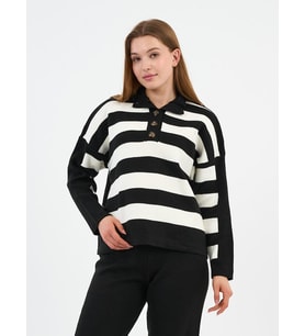 Düğmeli Polo Yaka Triko Kazak (A92411-S-UST) (Siyah & Beyaz)