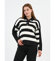 Düğmeli Polo Yaka Triko Kazak (A92411-S-UST) (Siyah & Beyaz)