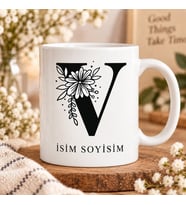 Kişiye Özel Baş Harf ve İsim Yazılı Çiçek Motifli V Harfli Seramik Kupa Bardak