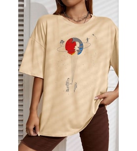 Unisex Evren Temalı Baskılı T-shirt (Bej)