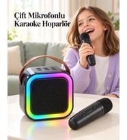 Renkli Led Aydınlatmalı Taşınabilir Bluetooth Hoparlör Ve 2 Mikrofon Seti