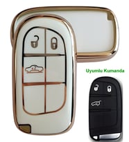 Egea Cross 500 Jeep Dodge Chrysler Uyumlu Smart Kumanda Anahtar Kılıfı Oto Anahtarlık Beyaz Gold (Beyaz - Altın Rengi)