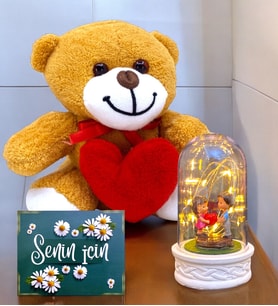 Kalpli Sevimli Peluş Ayıcık ve Led Işıklı Tasarım Fanus Hediye Seti  Premium Set (Model 7)