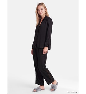 LCW DREAM Siyah Gömlek Yaka Dantelli Kadın Pijama Takım