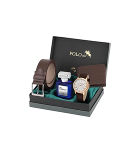 Polo Air Deri Kordon Romen Rakamlı Klasik Erkek Kol Saati Cüzdan Kemer 55 ml Parfüm Seti Kahverengi Gümüş Bakır Renk PL-7095E3