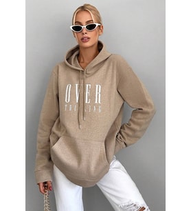 Kapüşonlu Baskılı  Pamuklu Oversize Sweatshirt (Bej)
