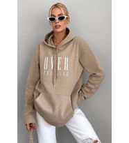 Kapüşonlu Baskılı  Pamuklu Oversize Sweatshirt (Bej)