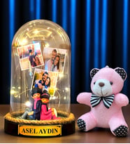 Sizlere Özel Led Işıklı Biblolu Fanus ve Pembe Peluş Ayıcıklı Anahtarlık (Model 8)