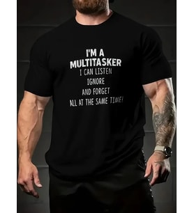 Erkek T-shirt Komik 'Multitasker' Baskılı Kısa kol Tişört - Siyah