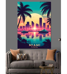 Miami Sahili Palmiyeler Neon Dekoratif Kanvas - Mdf Ahşap Tablo
