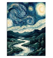 Yıldızlı Gece ve Nehir ve Dağ Van Gogh Tarzı Dekoratif Kanvas - Mdf Ahşap Tablo