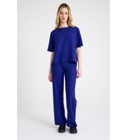 Cepsiz Bol Kesim Fitilli Dökümlü İkili Tişört ve Pantolon Takımı (Saks)