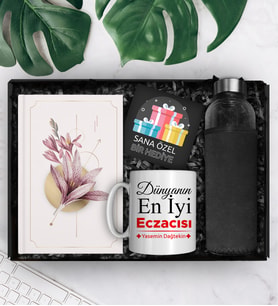 Eczacılara Özel Cam Şişe Matara & Tasarım Defter &  Kişiye Özel Tasarım Kupa Hediye Seti