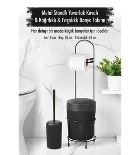 Metal Standlı Yuvarlak Kovalı & Kağıtlıklı & Fırçalıklı Siyah Banyo Takımı